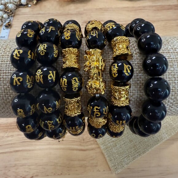 Feng Shui Pixiu Good Luck Bracelet Set Of 6 Stacking Black Beads With Gold - Picture 2 of 4